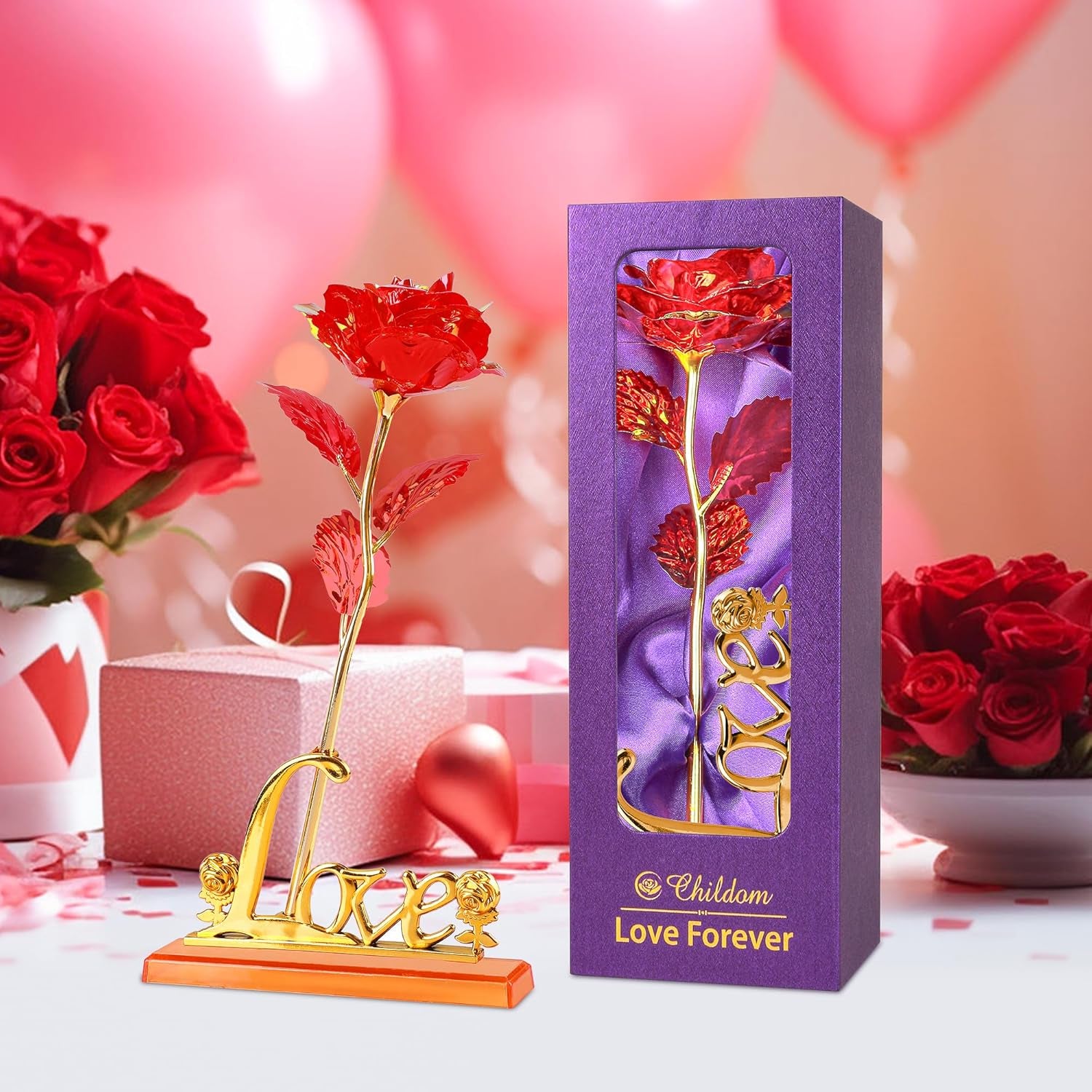 Childom Birthday Gifts for Women,Christmas Rose Gifts for Her Mom,Red Rose with Love Stand for Wife,Sweet Artificial Flower for Grandma,Women,Christmas,Birthday,Anniversary,Valentines,Mothers Day