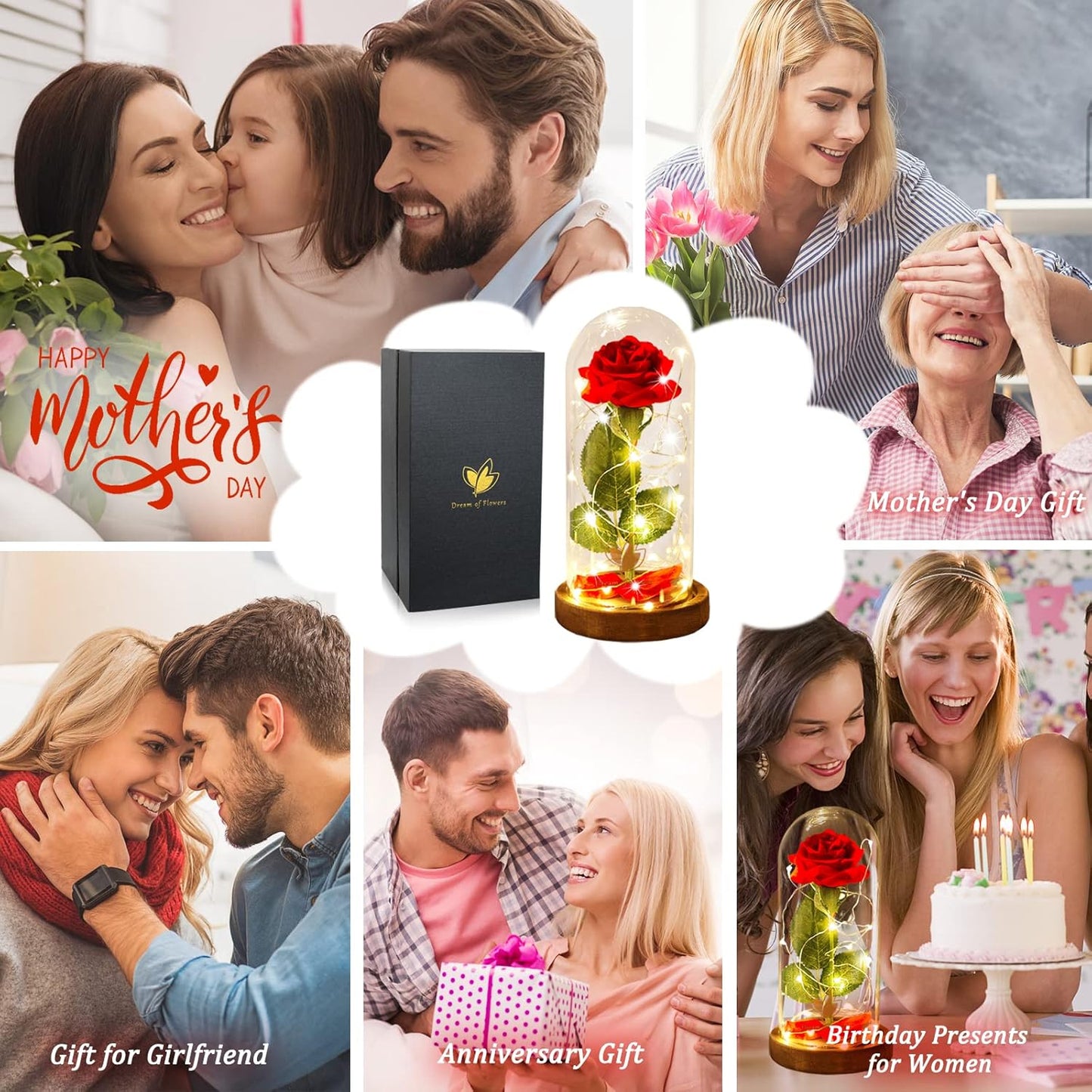 Beauty and the Beast Rose, Rose Flower Gifts for Women, Gifts for Her, Birthday Gifts for Womens, Eternal Rose Artificial Flower Light up Rose in Glass Dome, Glass Roes Flower Gifts for Her