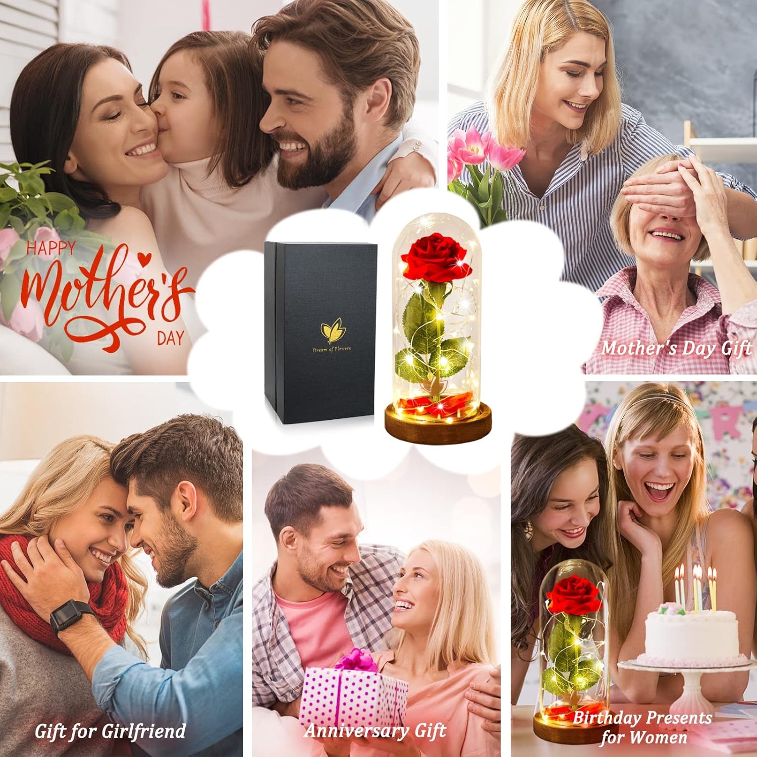 Beauty and the Beast Rose, Rose Flower Gifts for Women, Gifts for Her, Birthday Gifts for Womens, Eternal Rose Artificial Flower Light up Rose in Glass Dome, Glass Roes Flower Gifts for Her