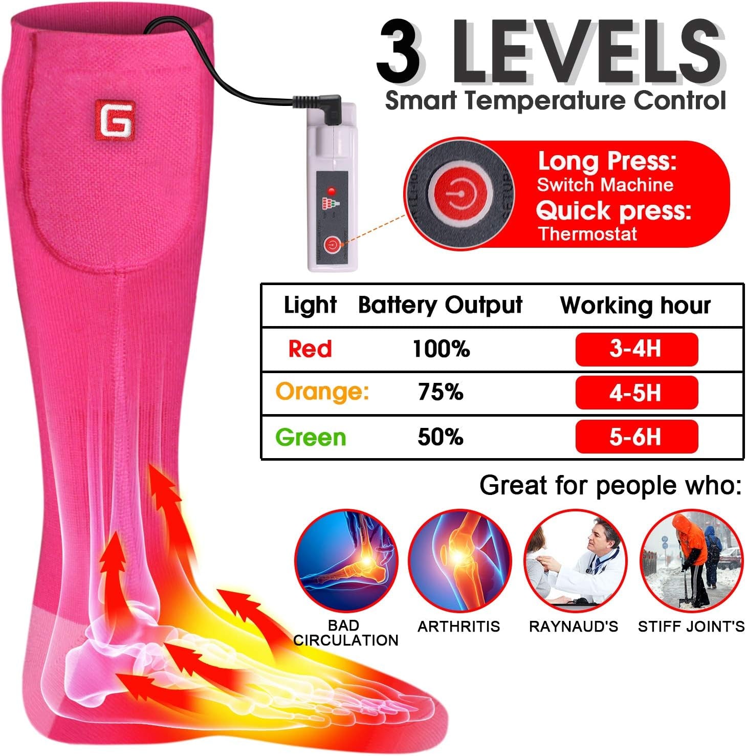 Women Girls Battery Socks Rechargeable Electric Heated Socks,Battery Powered Heat Insulated Socks Kit Winter Warm Thermal Heating Socks,Cold Weather Battery Sock Ski Hunt Bike Foot Warmer