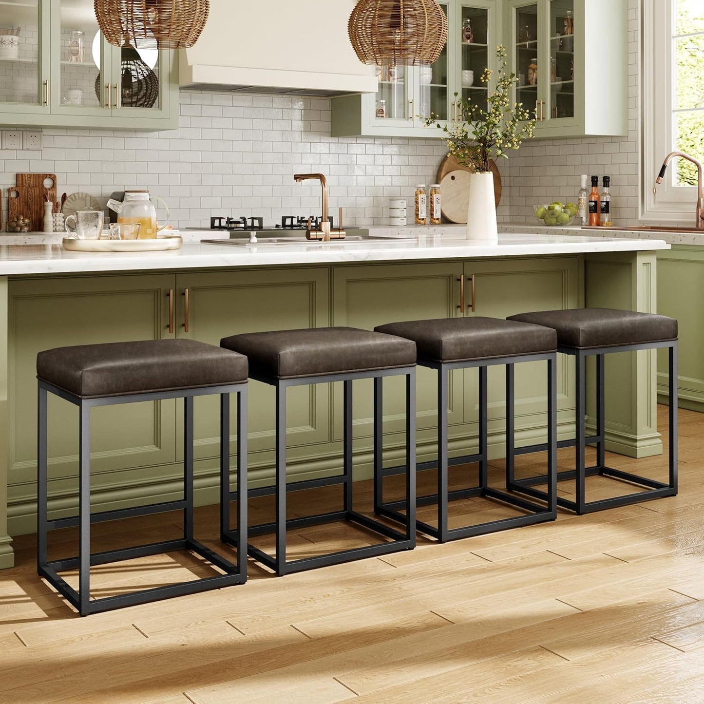 MAISON ARTS Counter Height 24" Bar Stools Set of 2 for Kitchen Counter Backless Modern Barstools Industrial Upholstered Faux Leather Stools Farmhouse Island Chairs, (24 Inch, Brown)