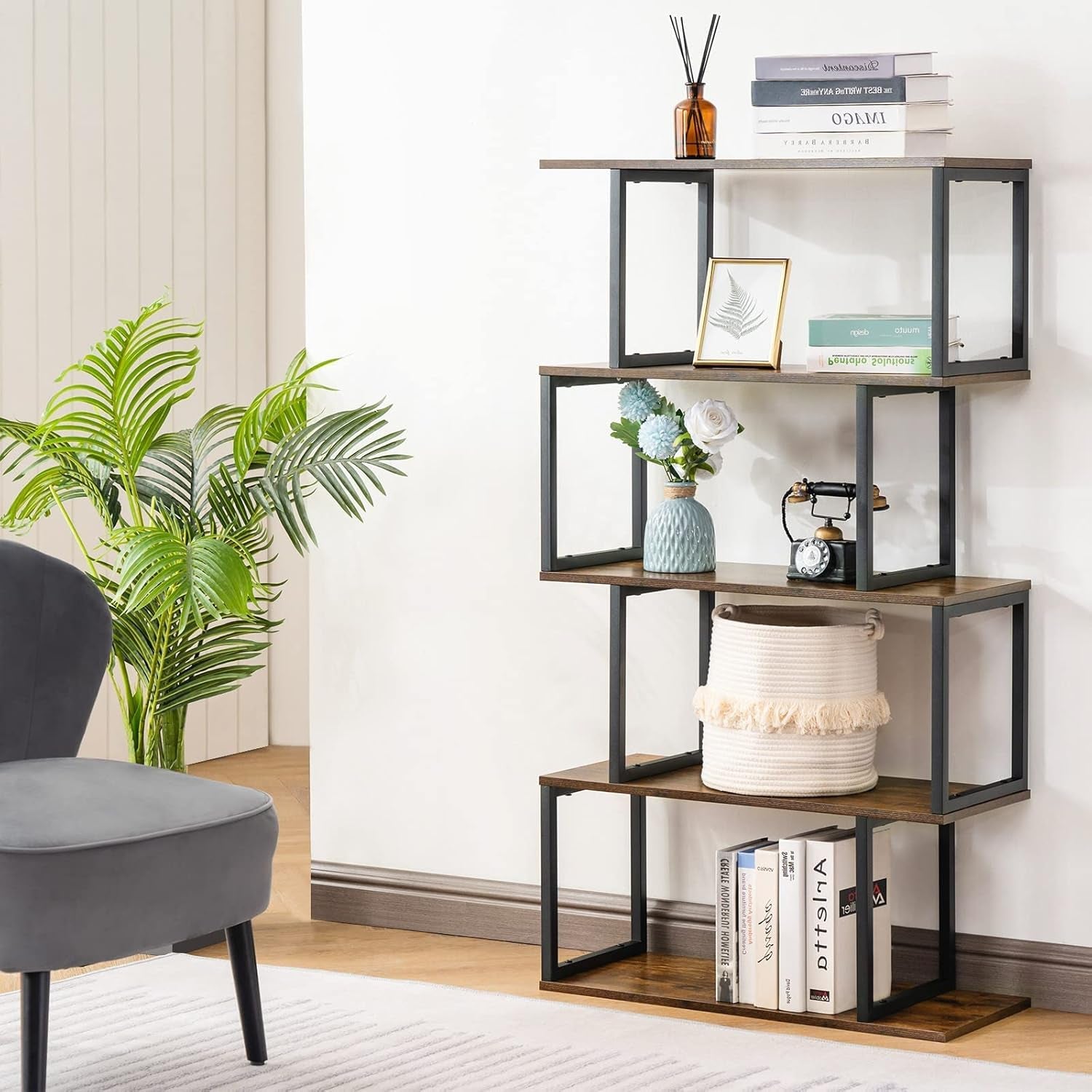 Apicizon Industrial Bookshelves Wooden Bookcase, 4-Tier Bookshelf, S-Shaped Bookshelf Modern Bookshelf, Freestanding Decorative Storage Shelving for Living Room Home Office, Rustic Brown