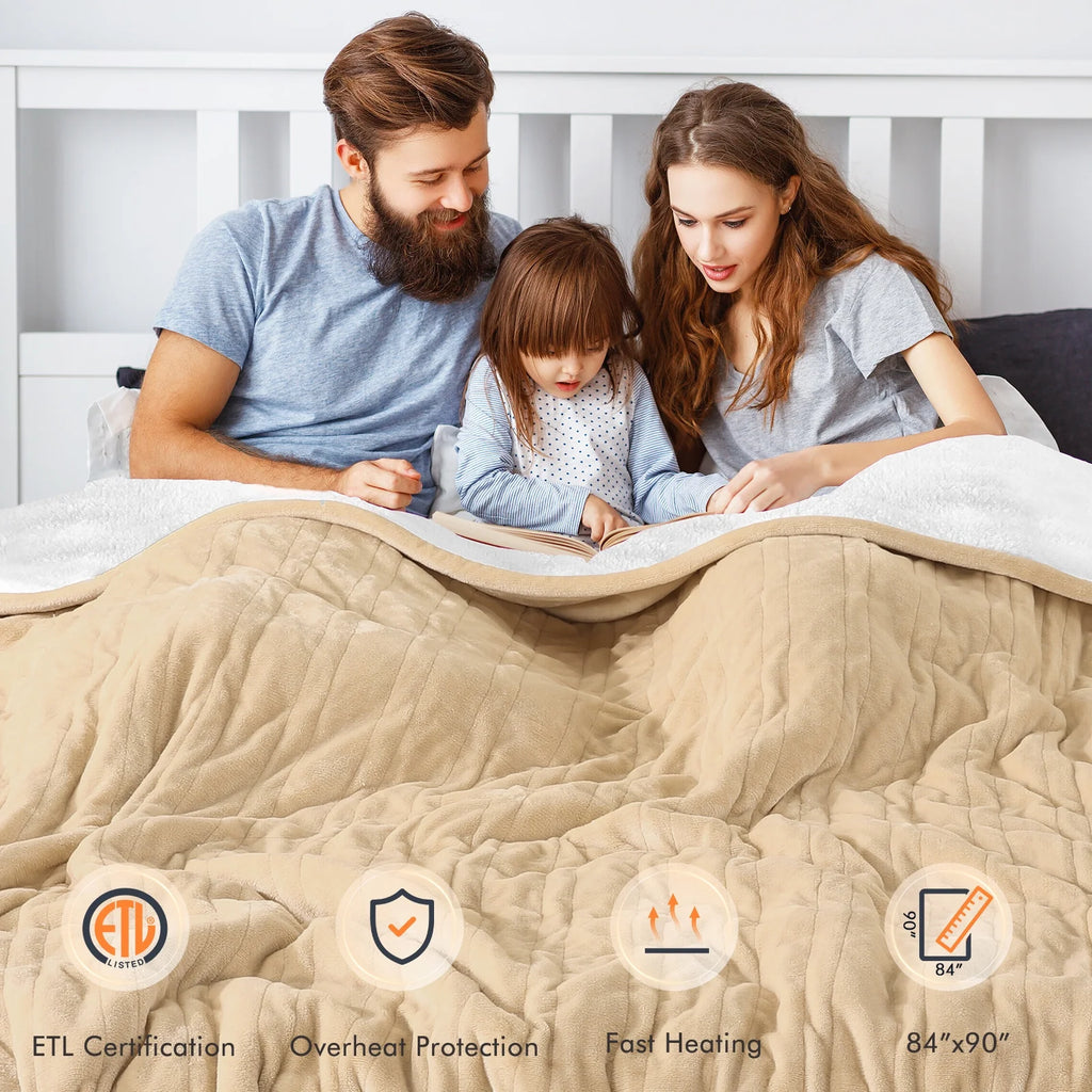 Heated Blanket Queen Size 84''X90'', Fast Heating with Dual Controllers Electric Blanket, 10 Heating Levels, 10H Timer, Preheat Function - Beige