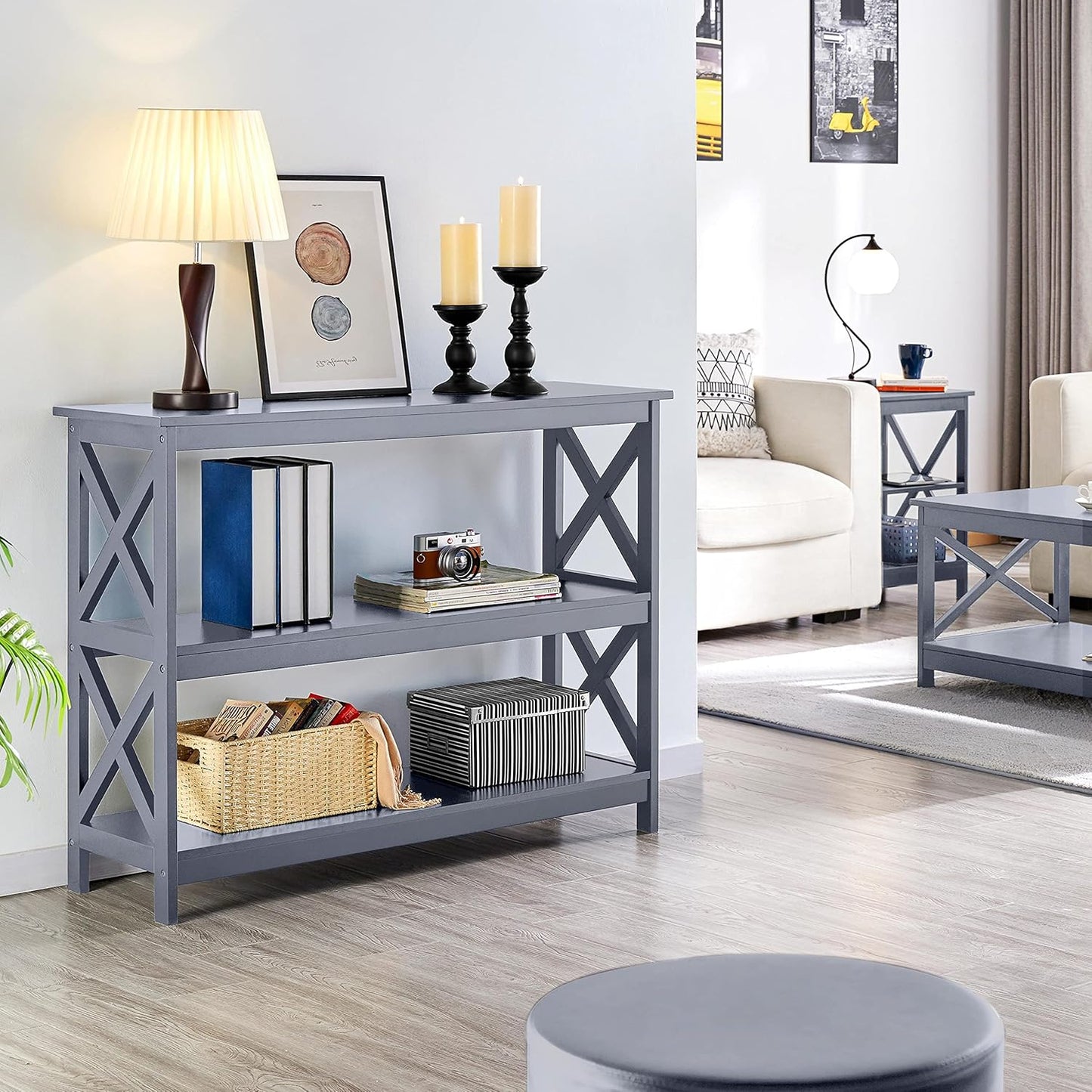 Yaheetech Console Table with 3 Storage Shelves, Entryway Table Sofa Side Table Narrow Long Bookshelf for Hallway Living Room, Accent Furniture, Gray
