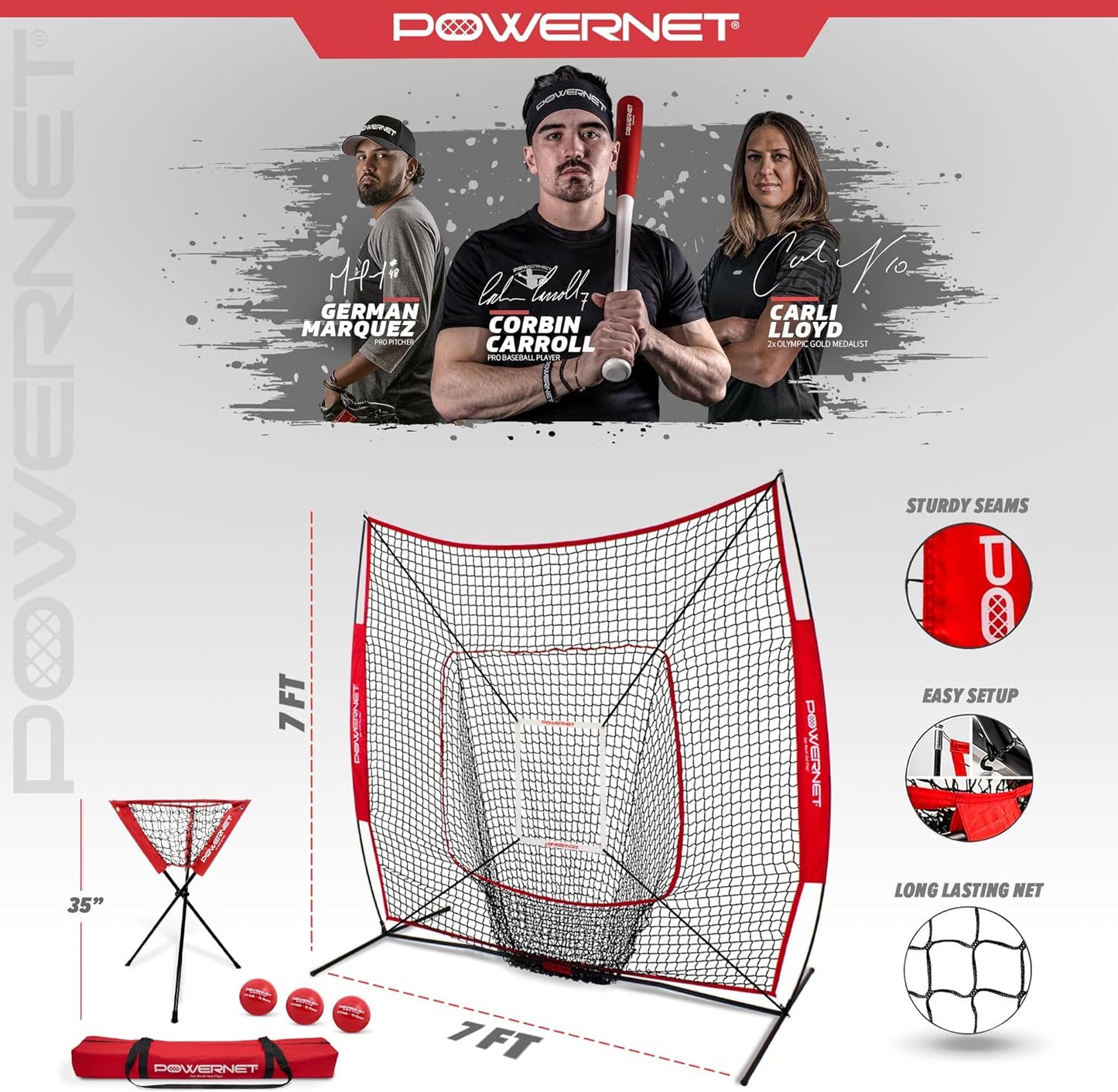Powernet 7X7 DLX Practice Net + Deluxe Tee + Ball Caddy + 3 Pack Weighted Ball + Strike Zone Bundle | Baseball Softball Coach Pack | Pitching Batting Training Equipment Set | 7' X 7' (Navy)
