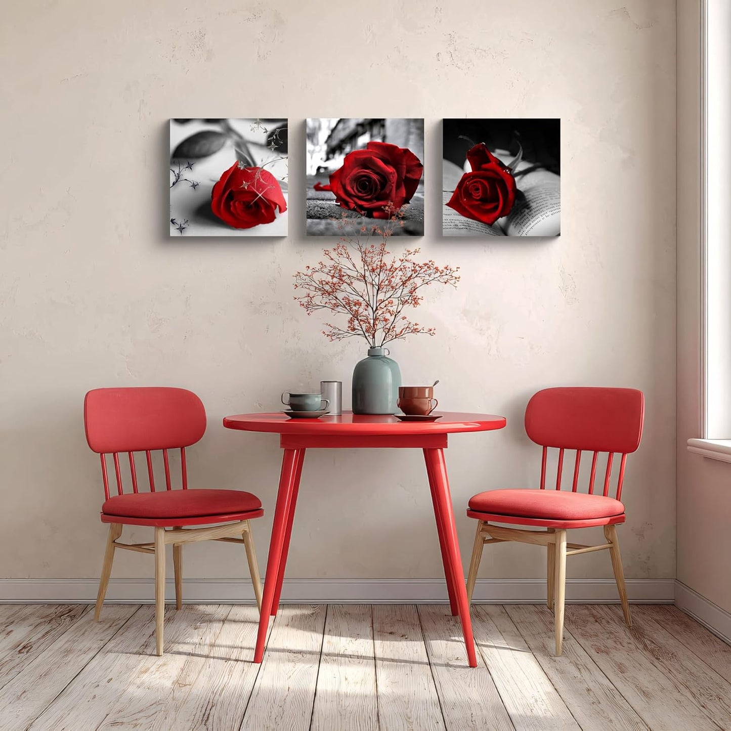 NAN Wind Canvas Print 3 Pcs Black and White Red Rose Canvas Art Painting Abstract Wall Art Decorations Flower Picture on Canvas for Home Decor Stretched and Framed (16X16Inchx3Pcs, A-Rose)