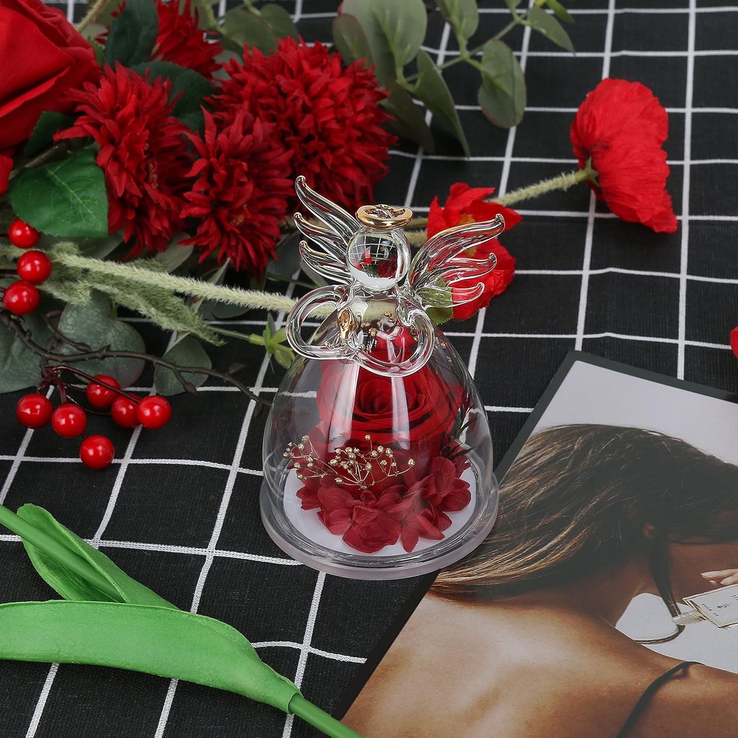 Preserved Flower Rose in Glass Angel Figurines,Moth