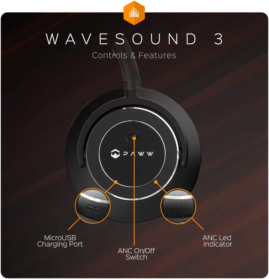 Paww Wavesound 3 Bluetooth 5.0 Headphones Active Noise Cancelling / 16-Hour Battery Life with Precision-Engineered Sound / Foldable Travel & Over-Ear Headphones (Black)