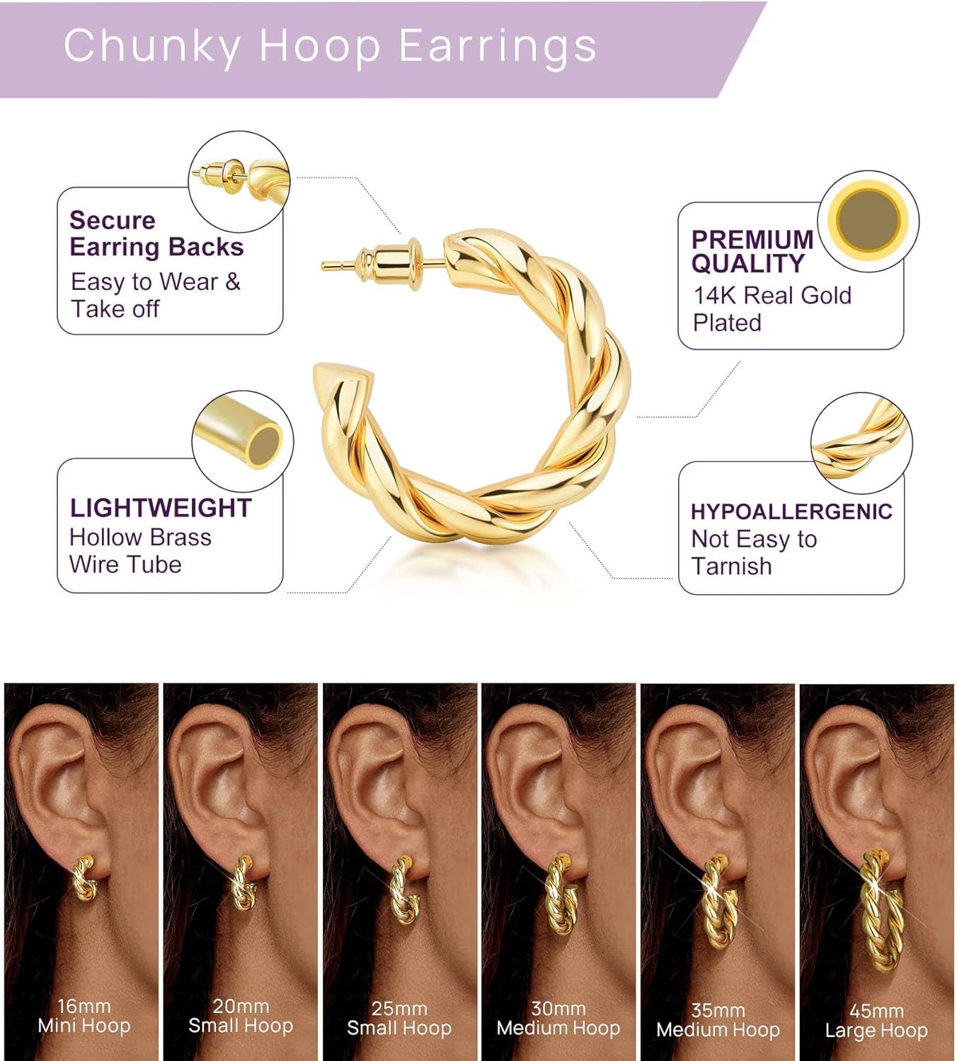 Wowshow Gold Hoop Earrings, 14K Gold Plated Chunky Small Hoop Earrings for Women Lightweight Jewelry Gifts 14/20/30/35/45MM