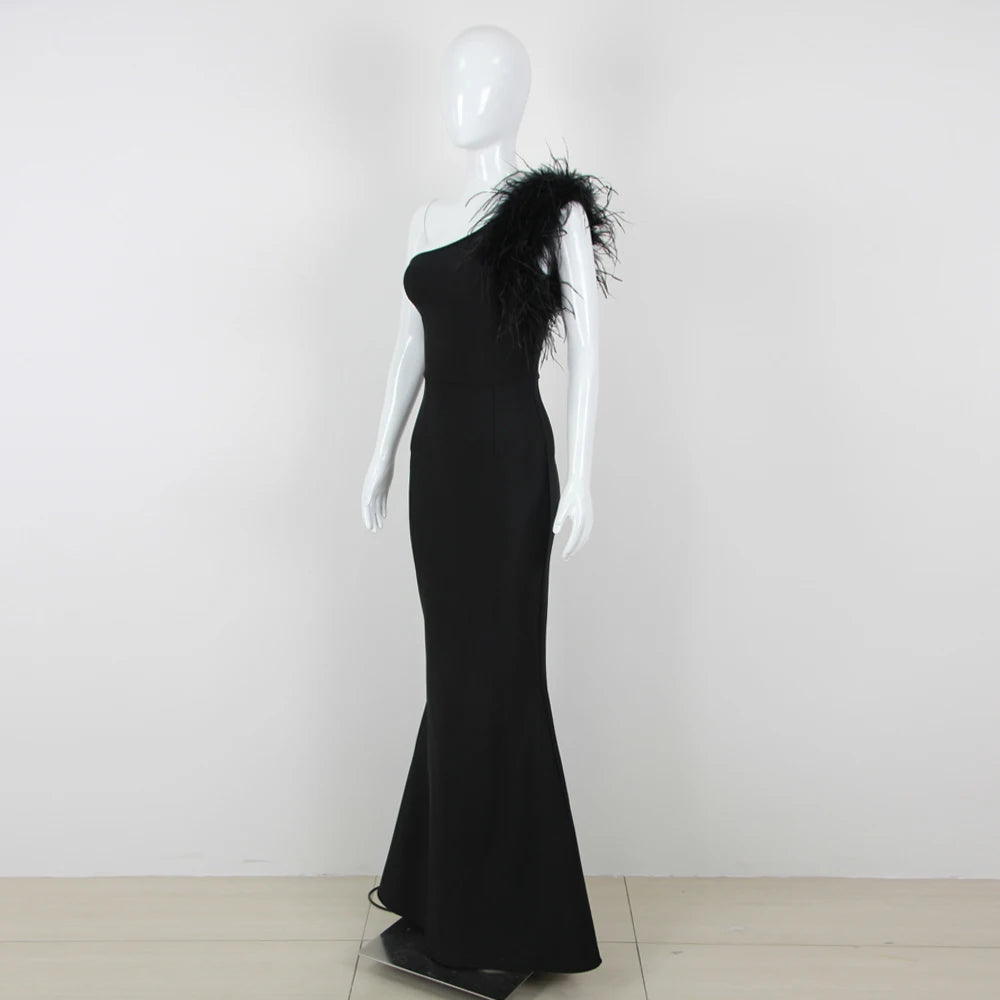 Women's Black Elegant Sleeveless One Shoulder Feathers Formal Bandage Party Dresses
