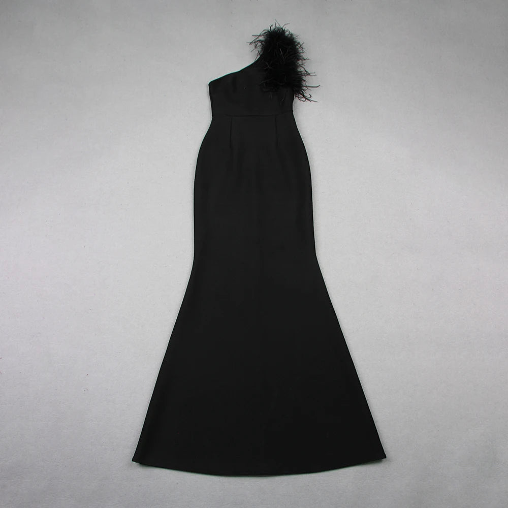 Women's Black Elegant Sleeveless One Shoulder Feathers Formal Bandage Party Dresses