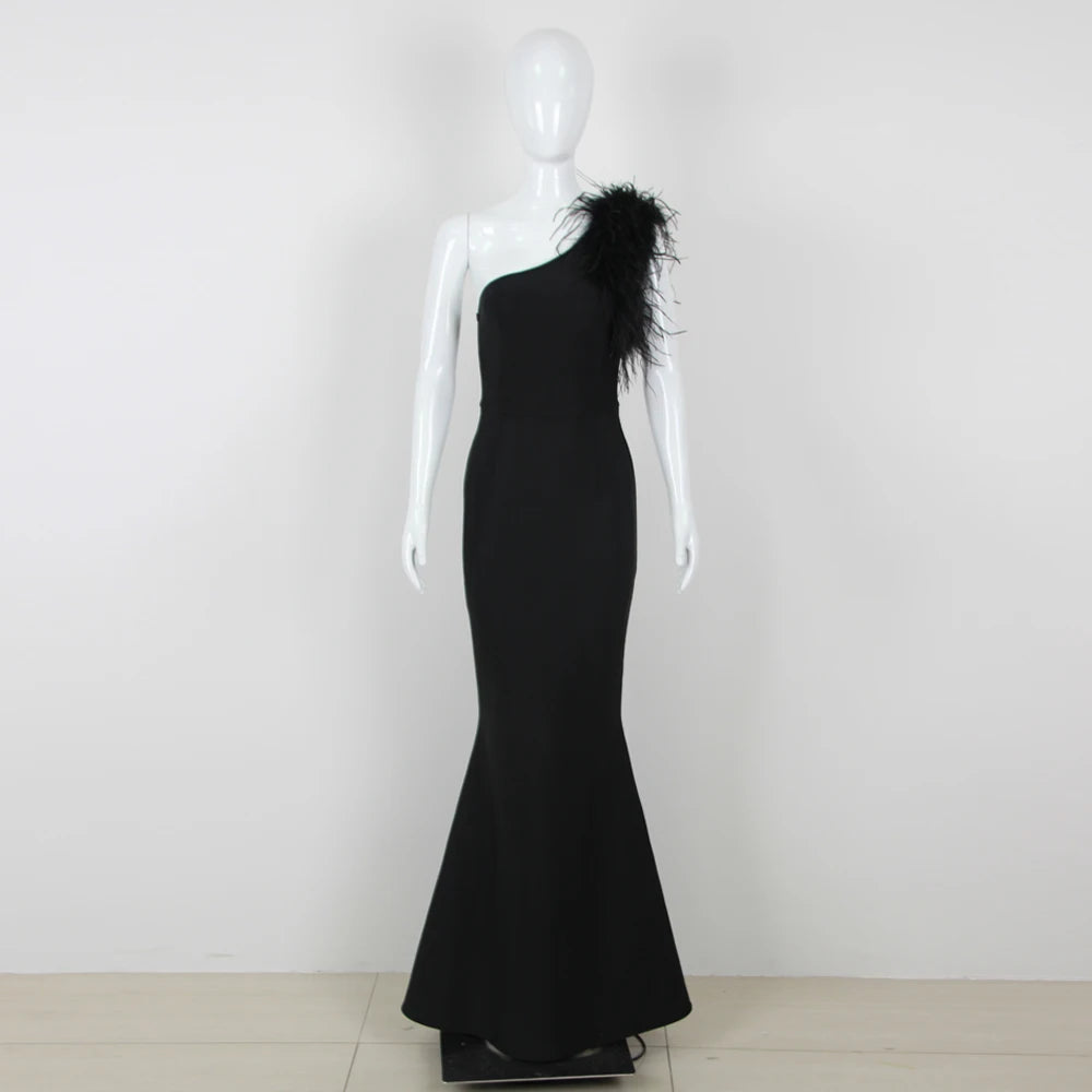 Women's Black Elegant Sleeveless One Shoulder Feathers Formal Bandage Party Dresses
