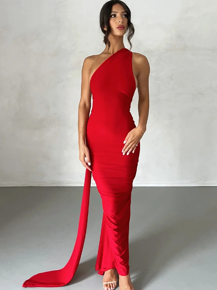 Dulzura One Shoulder Backless Ruched Slim Ribbon Long Dress Women Solid Sexy Elegant Dress Evening Party Club Prom Summer Outfit