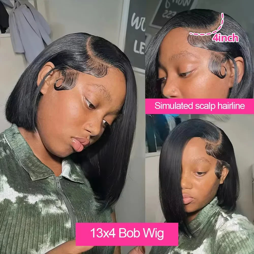 250% Density Glueless Bone Straight 13x6 Short Bob Half Lace Front Wig HD Frontal Braided Black 100% Human Hair Wigs