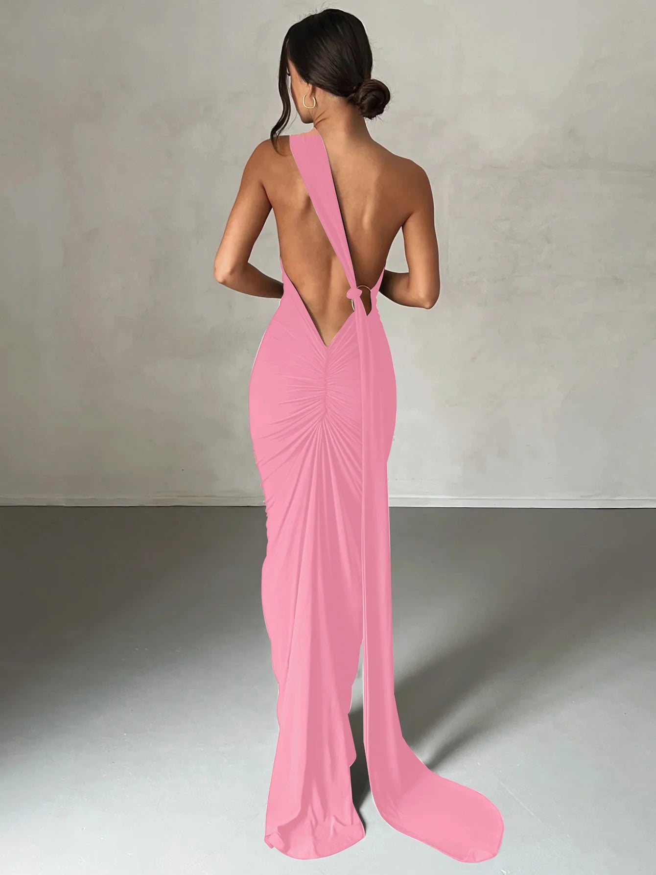 Dulzura One Shoulder Backless Ruched Slim Ribbon Long Dress Women Solid Sexy Elegant Dress Evening Party Club Prom Summer Outfit