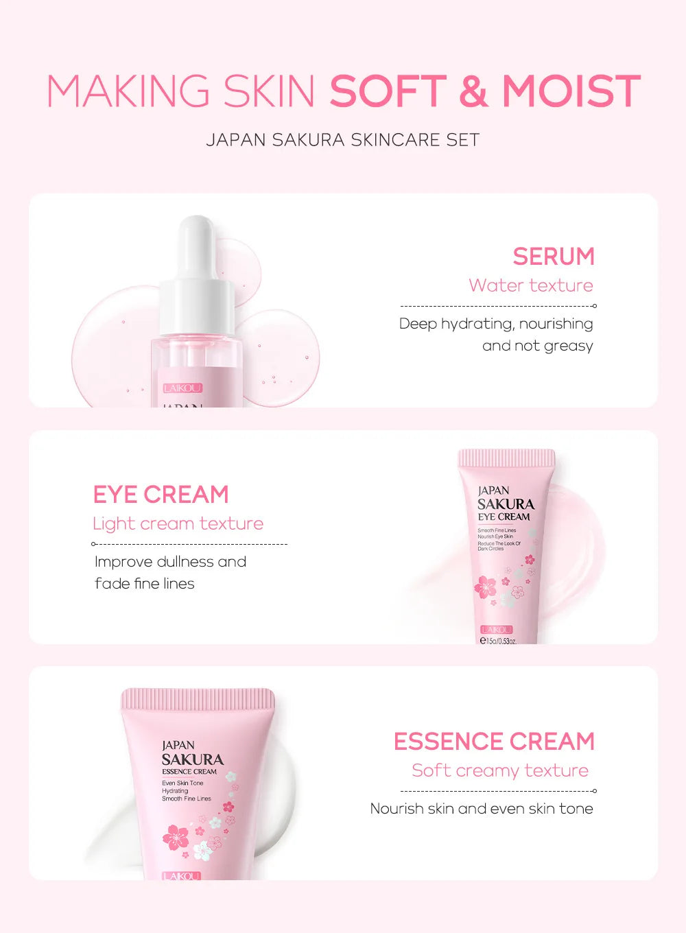 3pcs/set LAIKOU Skin Care Set Vitamin C Sakura Snail Essence Serum & Eye Cream & Face Cream Moisturizer Travel Size Skincare Set
