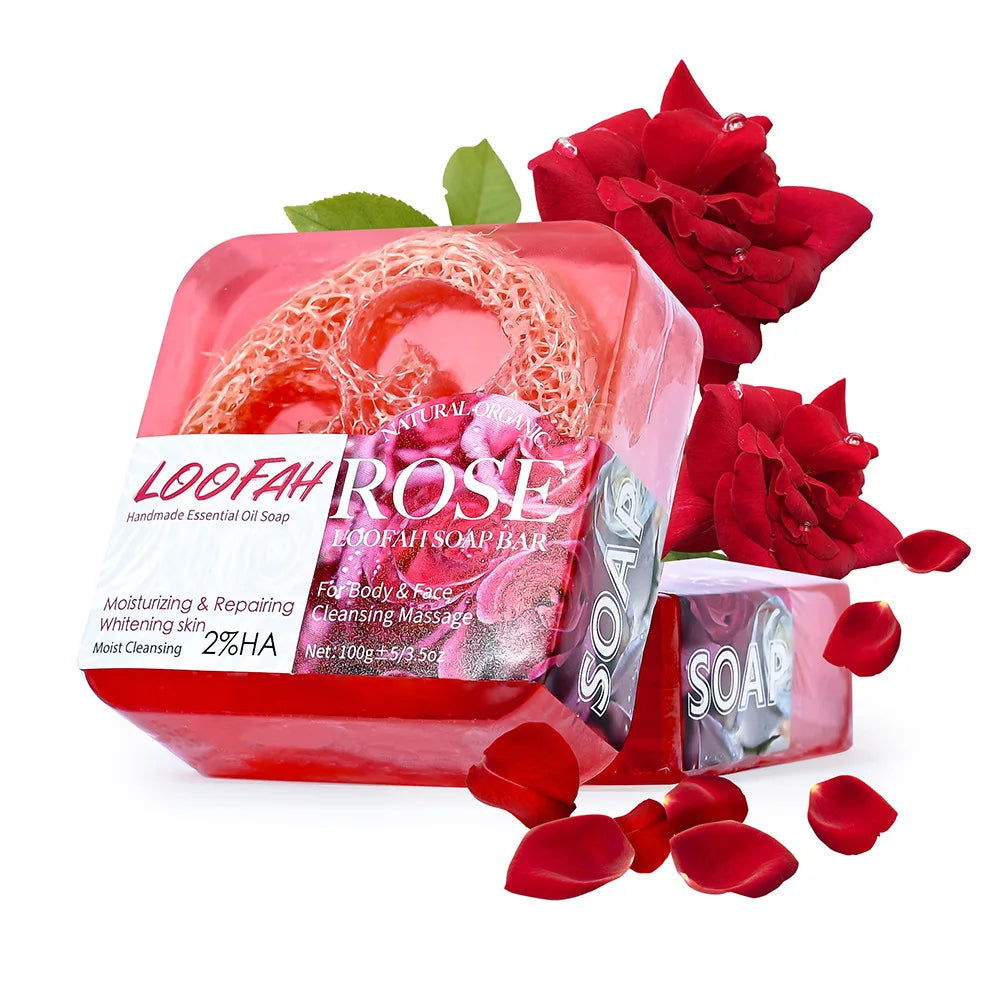 Lemon Loofah Soap 100g with Rose & Sea Salt, Exfoliating & Cleansing Handmade Bar for Face & Body