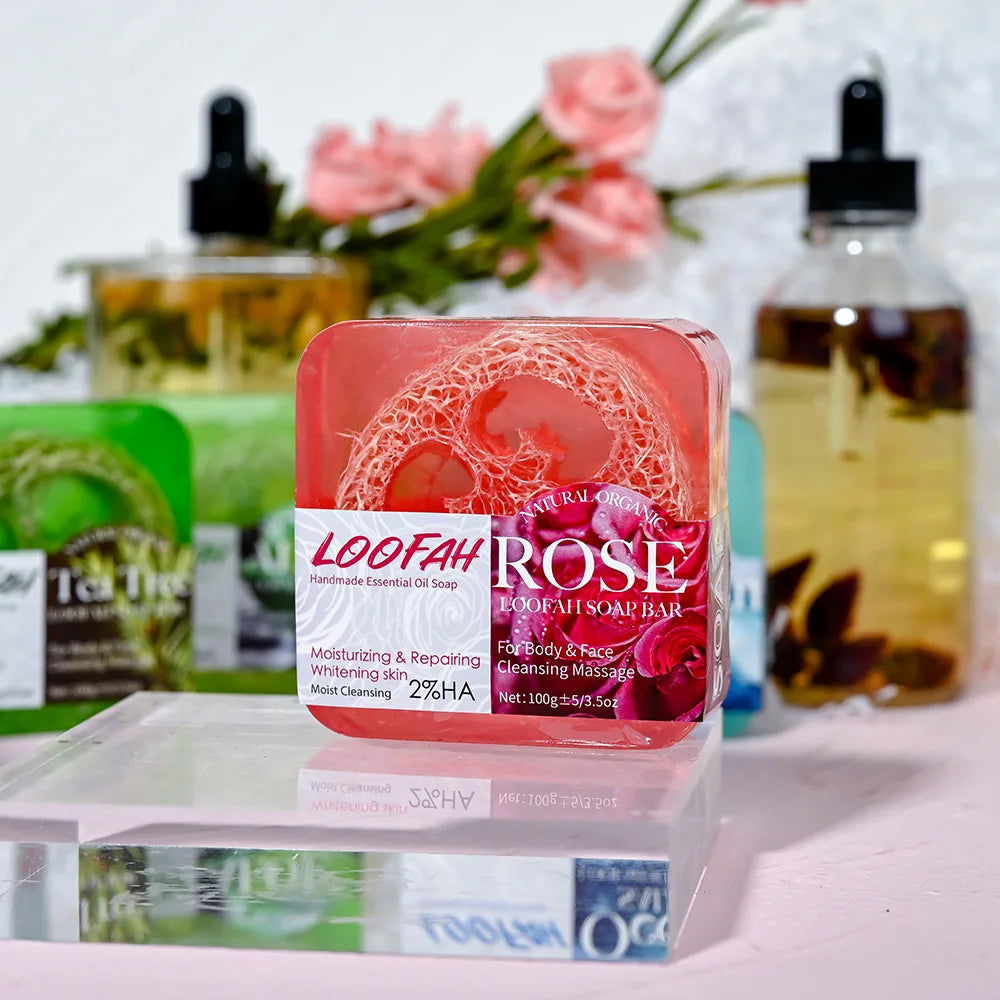 Lemon Loofah Soap 100g with Rose & Sea Salt, Exfoliating & Cleansing Handmade Bar for Face & Body