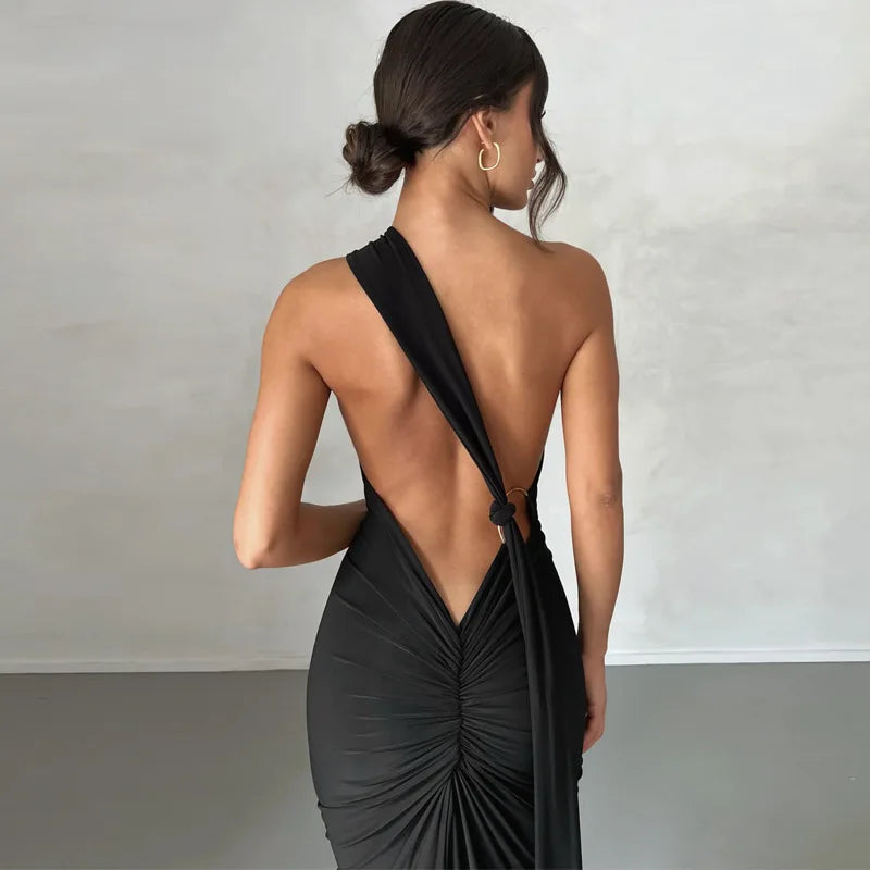 Dulzura One Shoulder Backless Ruched Slim Ribbon Long Dress Women Solid Sexy Elegant Dress Evening Party Club Prom Summer Outfit