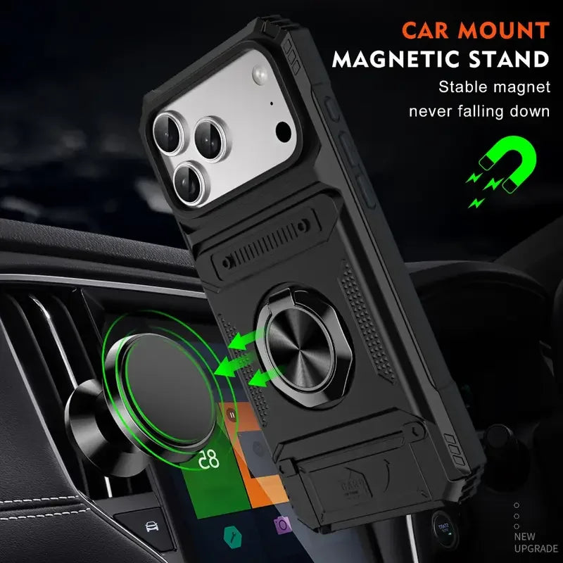 Shockproof Heavy-Duty Case for iPhone 17 16 15 14 13 Pro Max with Magnetic 360° Rotating Metal Stand and Hidden Dual Card Slots