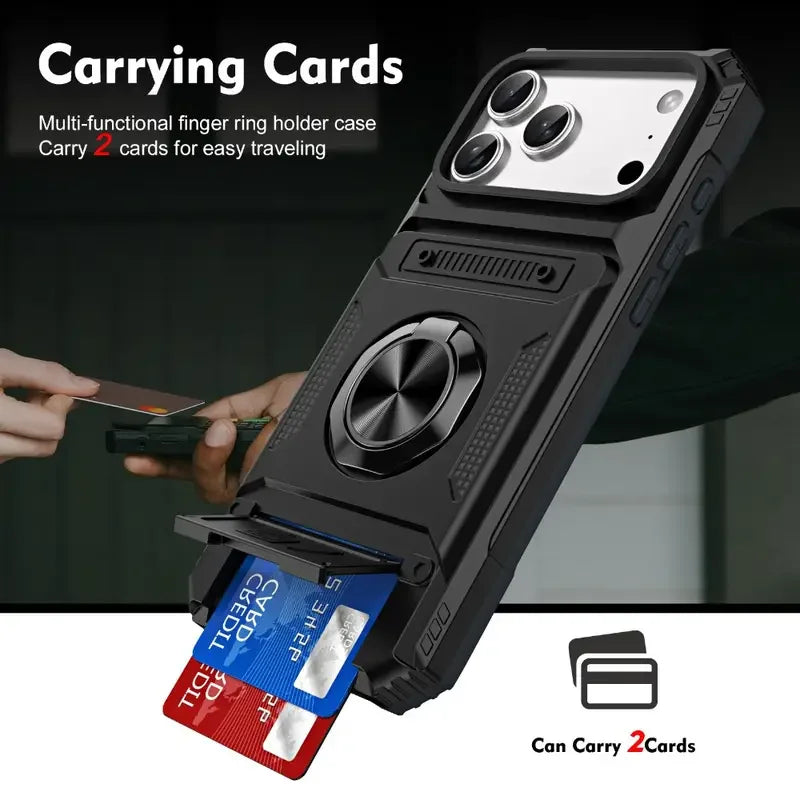 Shockproof Heavy-Duty Case for iPhone 17 16 15 14 13 Pro Max with Magnetic 360° Rotating Metal Stand and Hidden Dual Card Slots