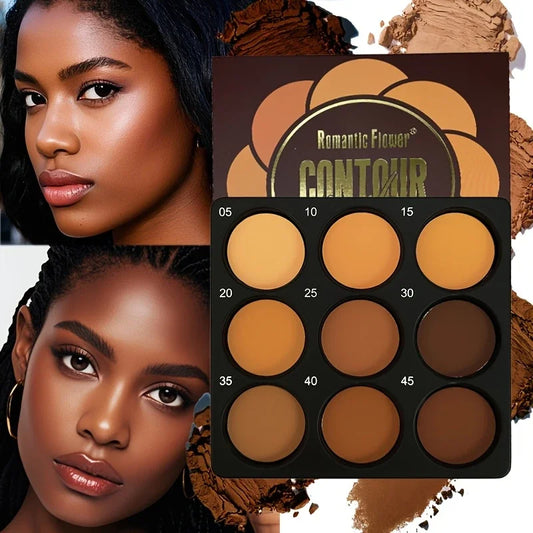 9-Color Dark Bronze Foundation Palette, Contouring, Concealer, Makeup Setting, Oil-Control Foundation, Shadow, Nose Shadow Palette, Matte Natural with Delicate Glitter