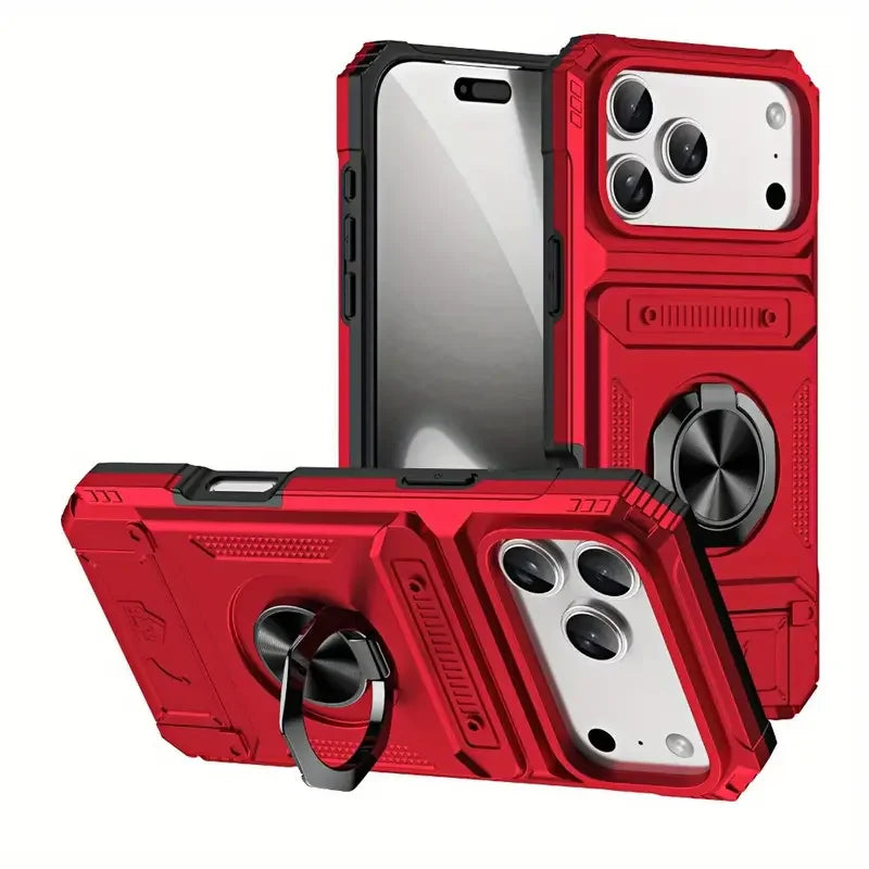 Shockproof Heavy-Duty Case for iPhone 17 16 15 14 13 Pro Max with Magnetic 360° Rotating Metal Stand and Hidden Dual Card Slots