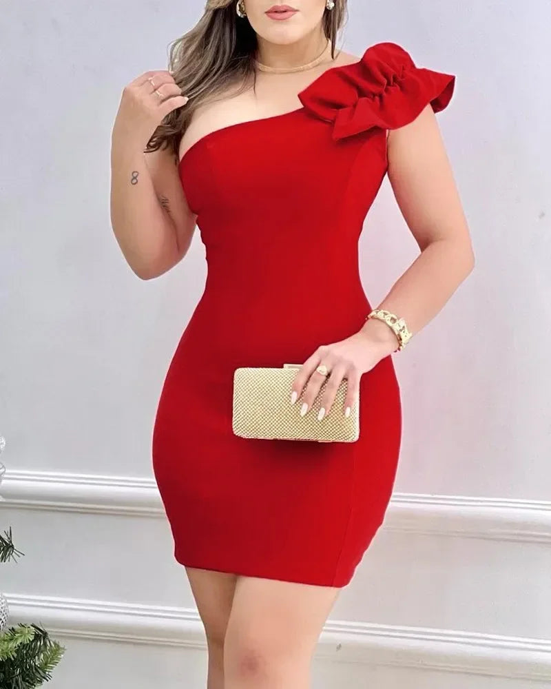 Sexy Mini Dress Women 2025 Summer New Fashion One Shoulder Ruffle Hem Bodycon Dress Elegant  Woman Clothing Party Dresses