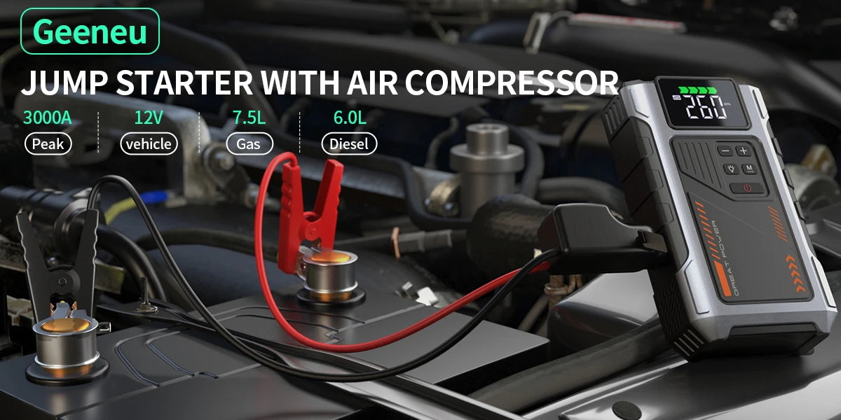 Portable Car Jump Starter With Air Compressor, 3000A Peak(7.5L Gas, 6.5L Diesel) , Jump Starter Battery PackWith150 PSl Tire Inf