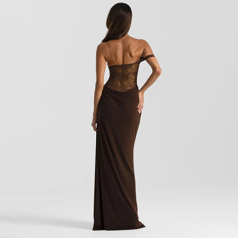 Mozision One Shoulder Lace See Through Sexy Maxi Dress Women Gown Fashion Off-shoulder Sleeveless Backless Club Long Dresses