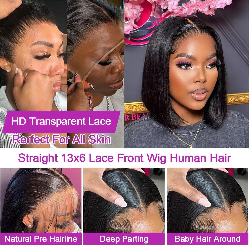 100% Human Hair Short Bob Wigs 13x6 Bone Straight Glueless HD Lace Front Wig Ready to Go Lace Frontal Braided Vietnamese On Sale