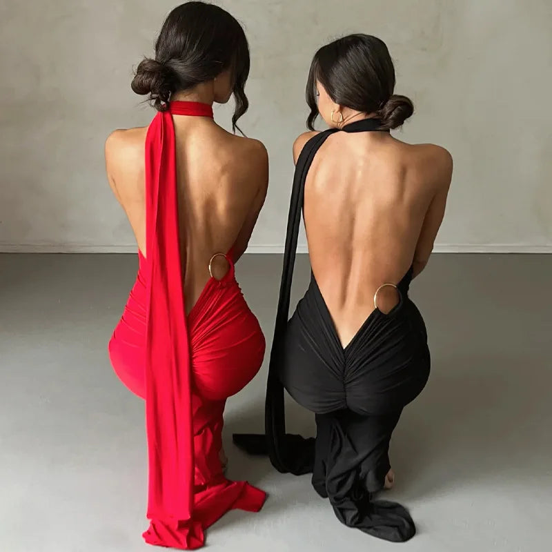 Dulzura One Shoulder Backless Ruched Slim Ribbon Long Dress Women Solid Sexy Elegant Dress Evening Party Club Prom Summer Outfit