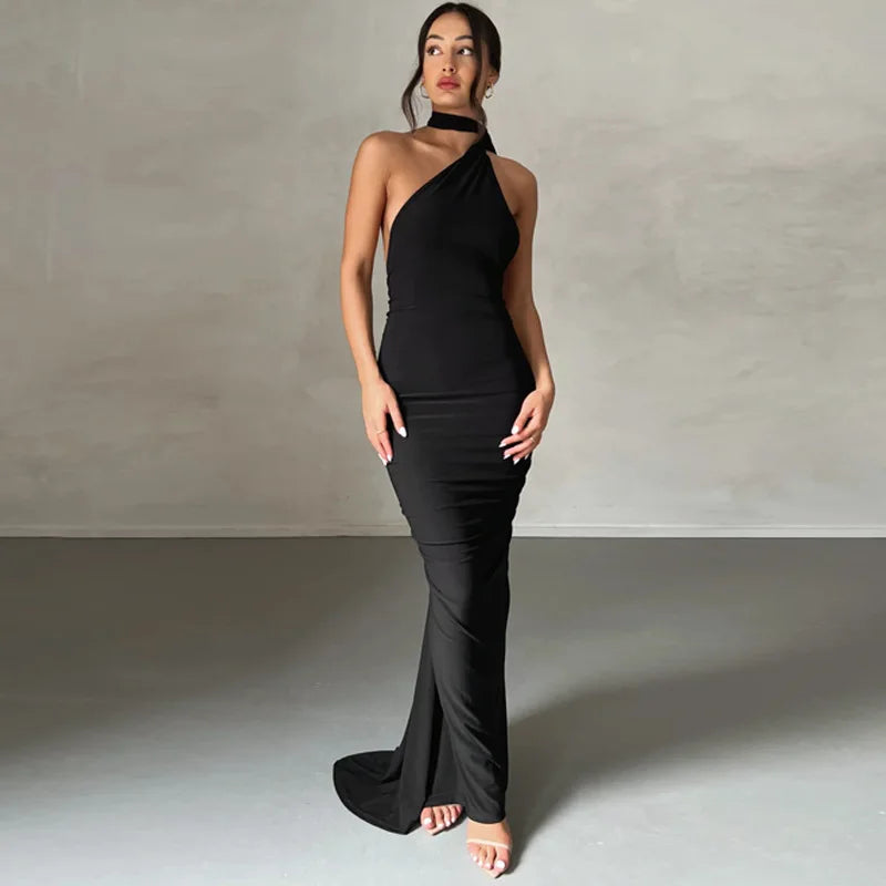 Dulzura One Shoulder Backless Ruched Slim Ribbon Long Dress Women Solid Sexy Elegant Dress Evening Party Club Prom Summer Outfit