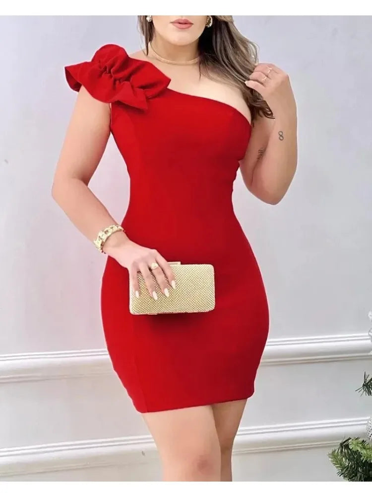 Sexy Mini Dress Women 2025 Summer New Fashion One Shoulder Ruffle Hem Bodycon Dress Elegant  Woman Clothing Party Dresses