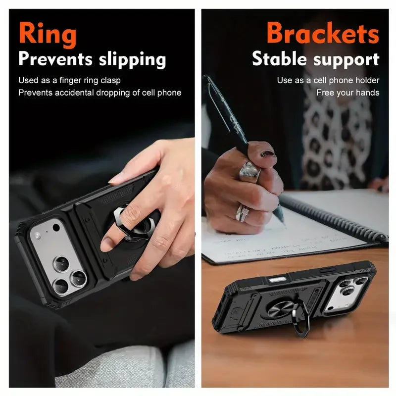 Shockproof Heavy-Duty Case for iPhone 17 16 15 14 13 Pro Max with Magnetic 360° Rotating Metal Stand and Hidden Dual Card Slots