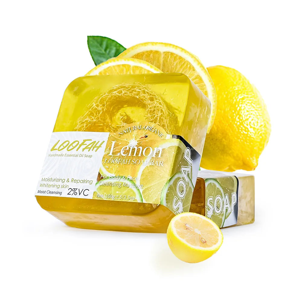 Lemon Loofah Soap 100g with Rose & Sea Salt, Exfoliating & Cleansing Handmade Bar for Face & Body