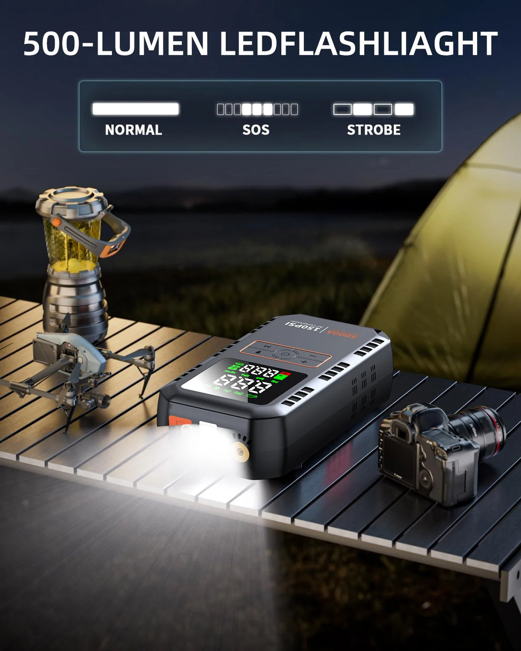 5000A 150PSI Car Jump Starter with Air Compressor Auto Tire Inflator, Large LCD Display, LED Light, for Cars, Bike & Motorcycle