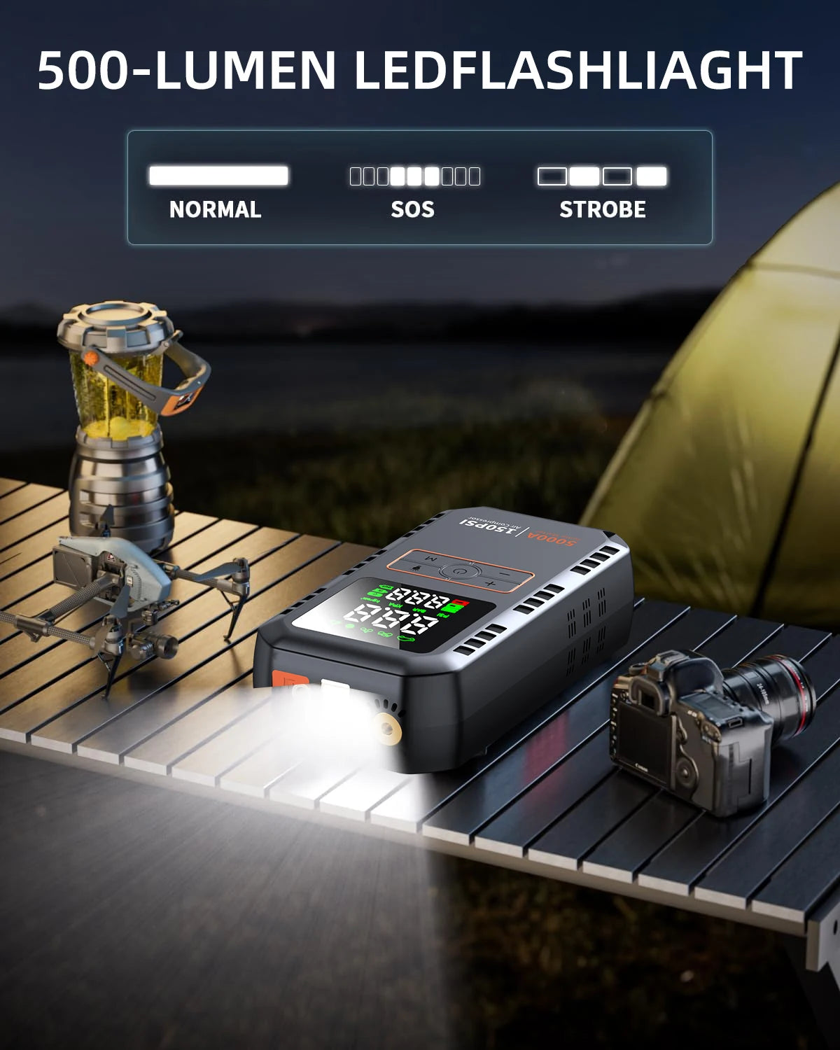 5000A 150PSI Car Jump Starter with Air Compressor Auto Tire Inflator, Large LCD Display, LED Light, for Cars, Bike & Motorcycle