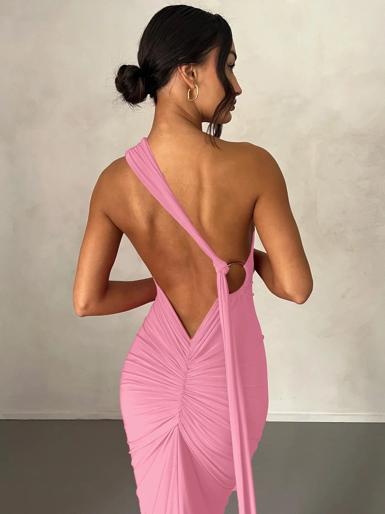 Dulzura One Shoulder Backless Ruched Slim Ribbon Long Dress Women Solid Sexy Elegant Dress Evening Party Club Prom Summer Outfit