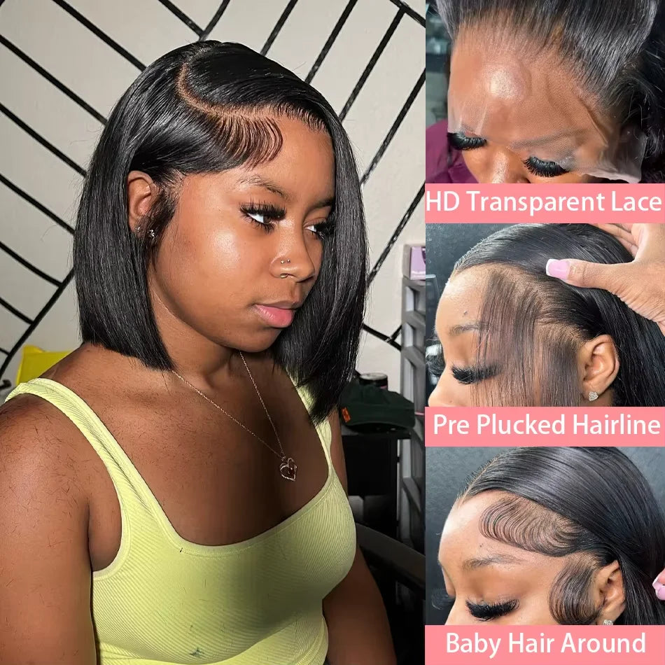 Straight Short Bob Wigs 13x4 Human Hair Lace Frontal Wigs 200% Remy Pre Plucked Transparent Lace Short Bob Wigs For Women 14inch