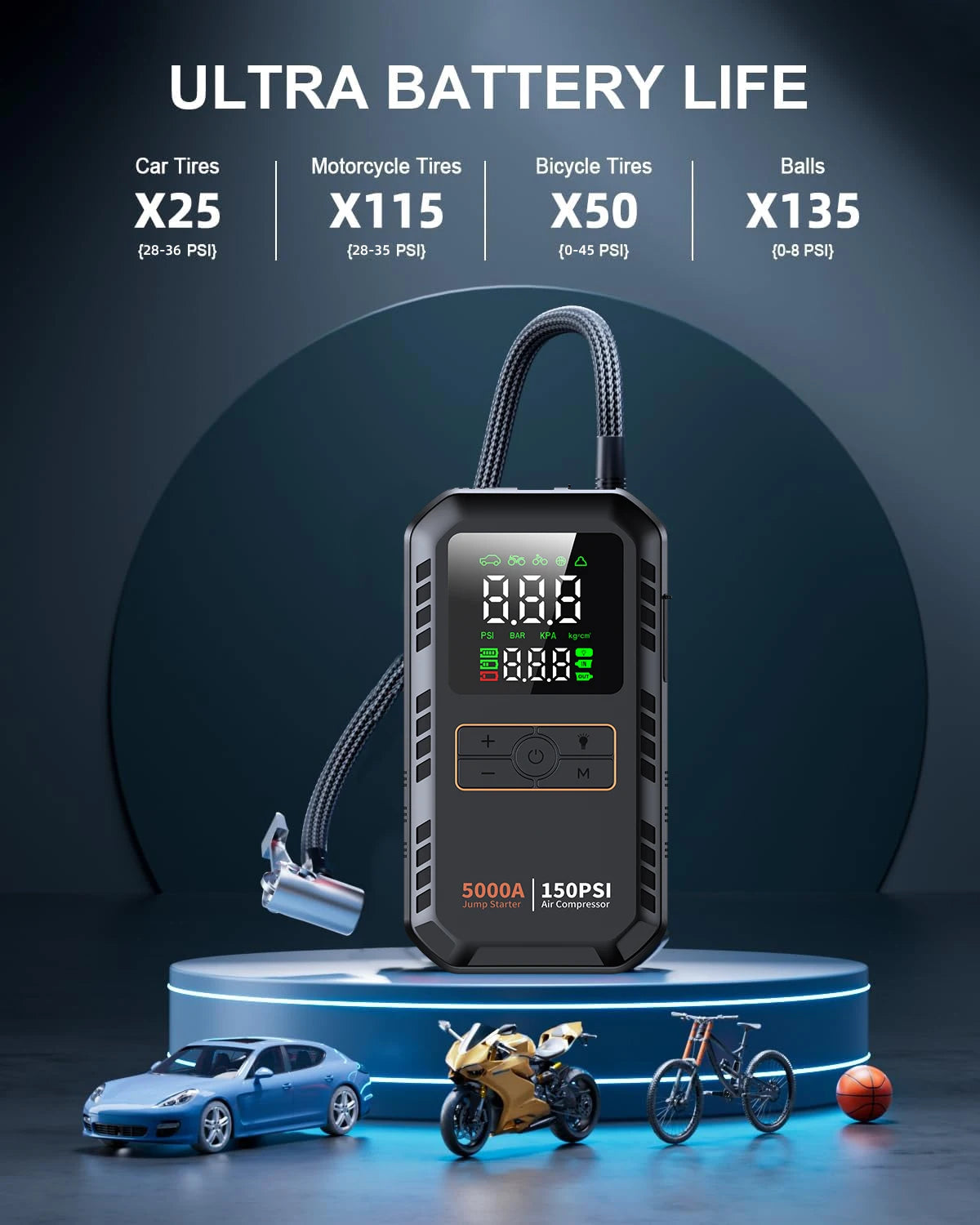 4-IN-1 Car Jump Starter with Air Compressor Peak 5000A Auto Battery Booster 150PSI Air Pump Portable Power Bank Tire Inflator