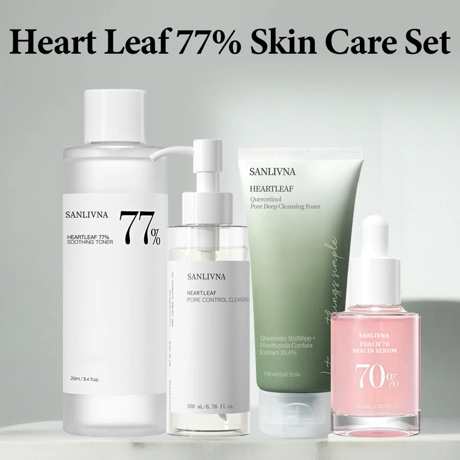 Heartleaf 77% Skincare 4-piece set: Deep Cleansing Foaming Cleanser ,Toner, Peach 70% Face Serum, Exfoliating Pore Cleanser
