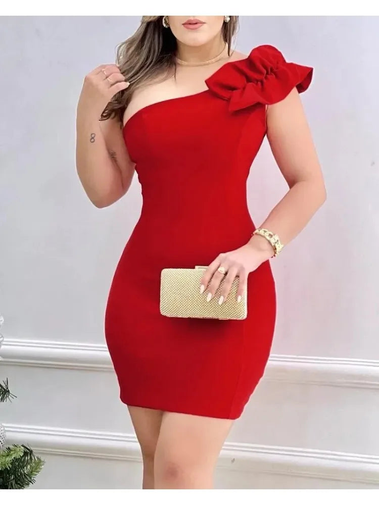 Sexy Mini Dress Women 2025 Summer New Fashion One Shoulder Ruffle Hem Bodycon Dress Elegant  Woman Clothing Party Dresses