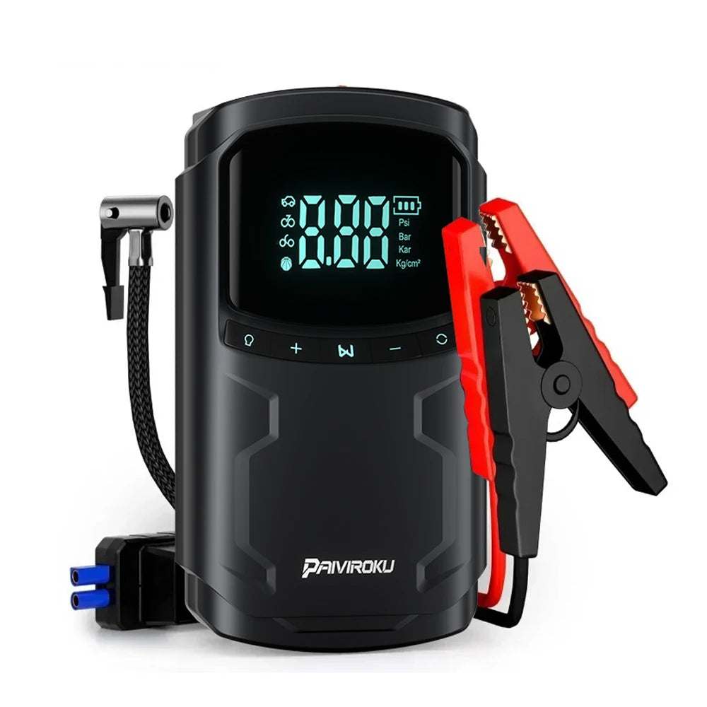 Démarreur de voiture 5000 A 150 PSI avec compresseur d'air, gonfleur de pneus, grand écran LCD, lumière LED, pour voitures, vélos et motos