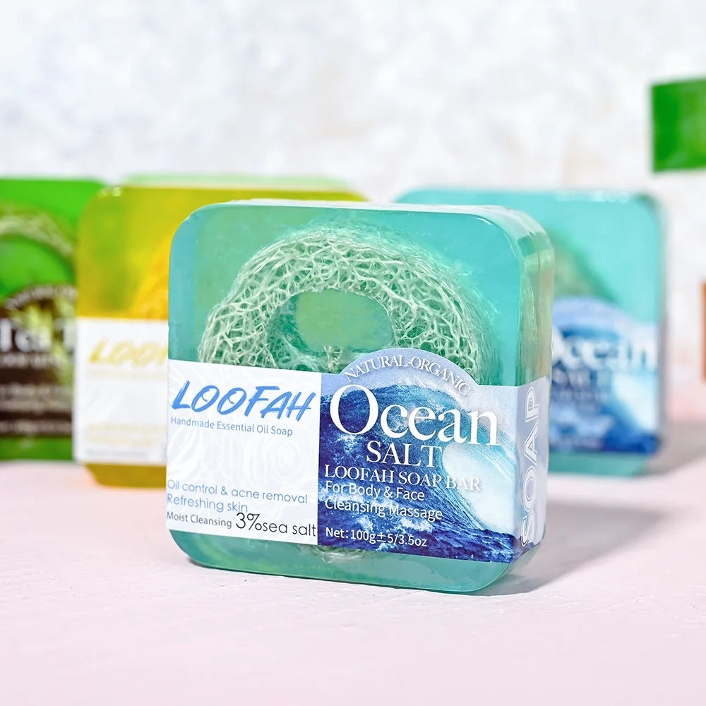 Lemon Loofah Soap 100g with Rose & Sea Salt, Exfoliating & Cleansing Handmade Bar for Face & Body