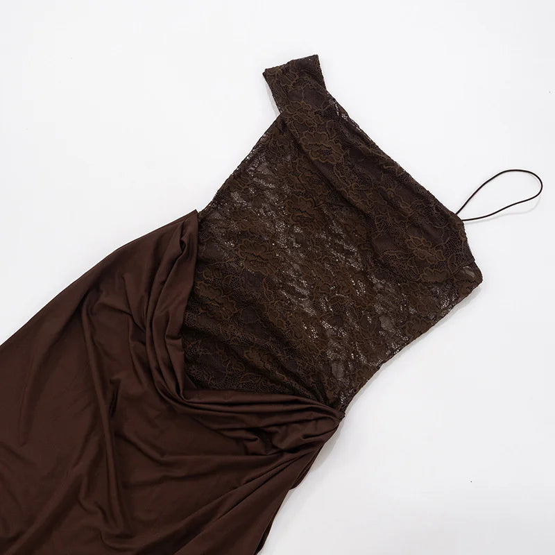 Mozision One Shoulder Lace See Through Sexy Maxi Dress Women Gown Fashion Off-shoulder Sleeveless Backless Club Long Dresses