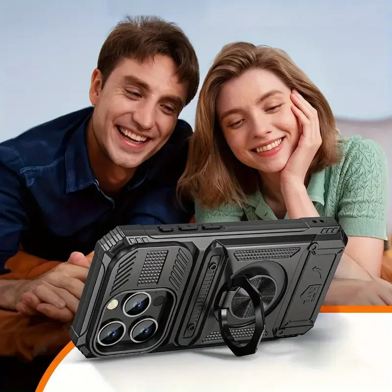 Shockproof Heavy-Duty Case for iPhone 17 16 15 14 13 Pro Max with Magnetic 360° Rotating Metal Stand and Hidden Dual Card Slots