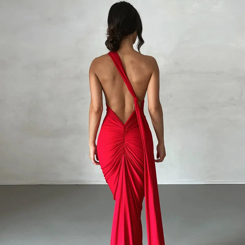Dulzura One Shoulder Backless Ruched Slim Ribbon Long Dress Women Solid Sexy Elegant Dress Evening Party Club Prom Summer Outfit