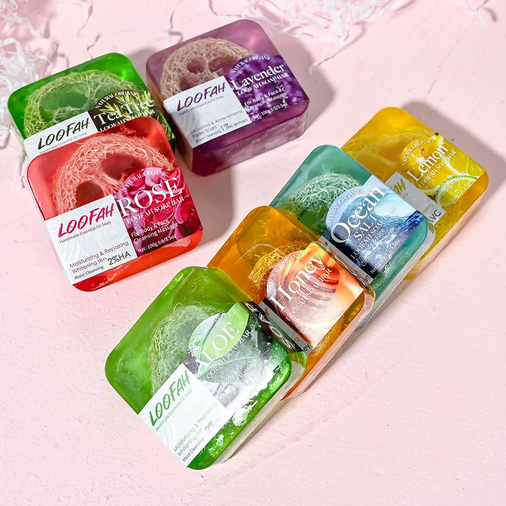 Lemon Loofah Soap 100g with Rose & Sea Salt, Exfoliating & Cleansing Handmade Bar for Face & Body