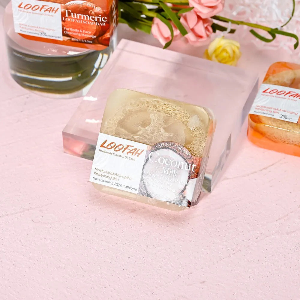 loofah Coconut essential oil soap, added with glutathione, suitable for cleaning and moisturizing the whole body, rich, delicate